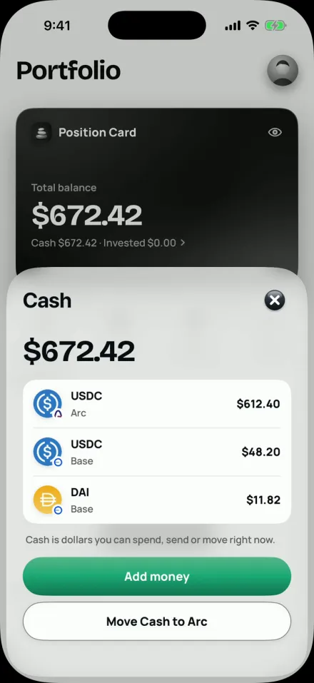 Cash: one $672.42 balance made of USDC and DAI on two networks.