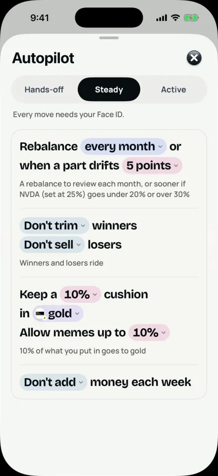 Autopilot rules written as sentences, like “Add $25 every Monday”.