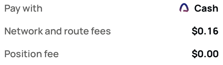 From a real review: Network and route fees $0.16, Position fee $0.00.