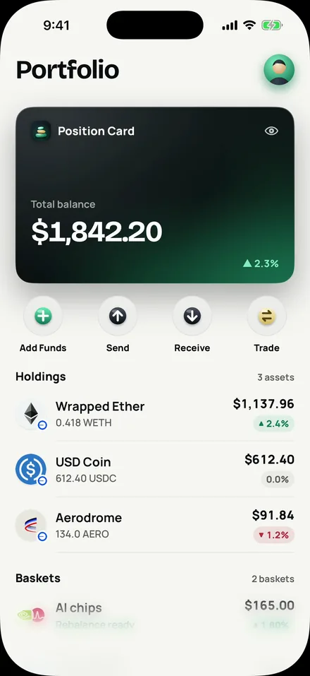 Position's Portfolio: a $1,842.20 total balance with coins, Cash and two baskets.