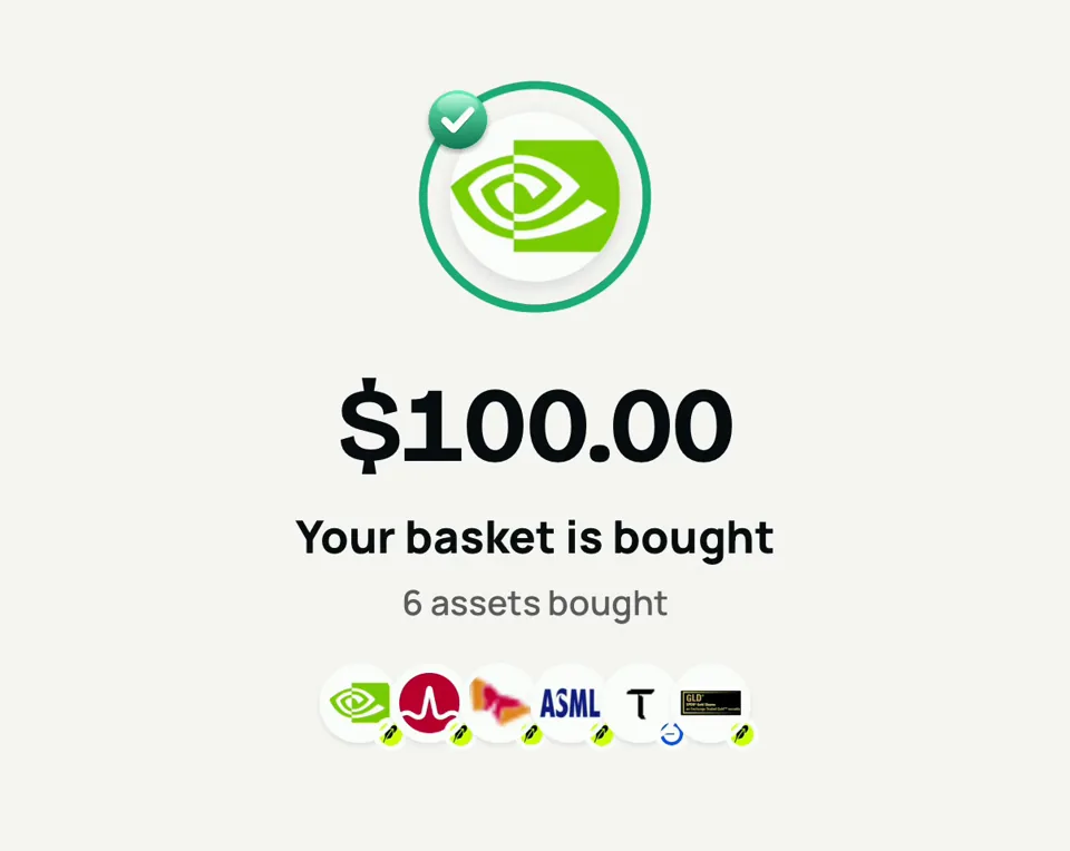 A real basket buy finishing: $100.00, Your basket is bought, 6 assets bought.