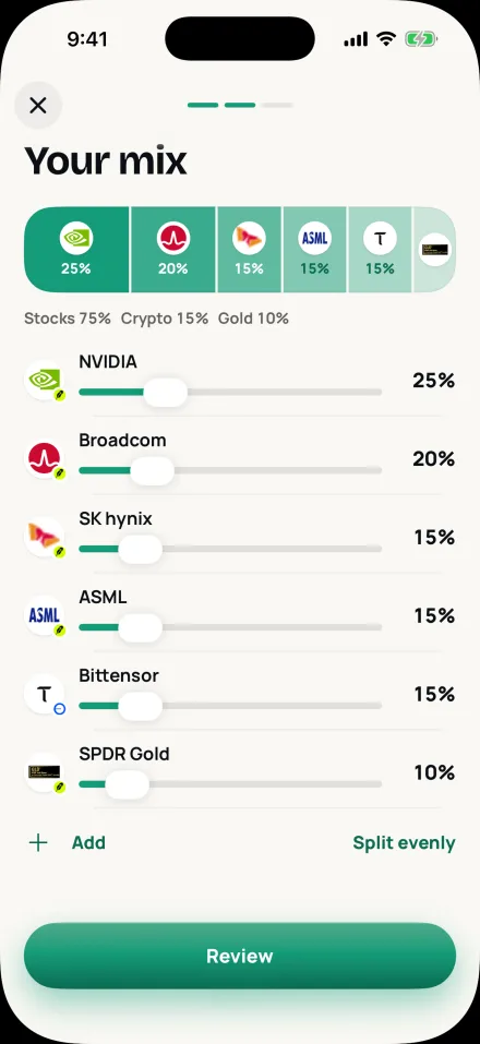 Your mix: NVIDIA 25%, Broadcom 20%, SK hynix, ASML, Bittensor and SPDR Gold, with a slider for each.