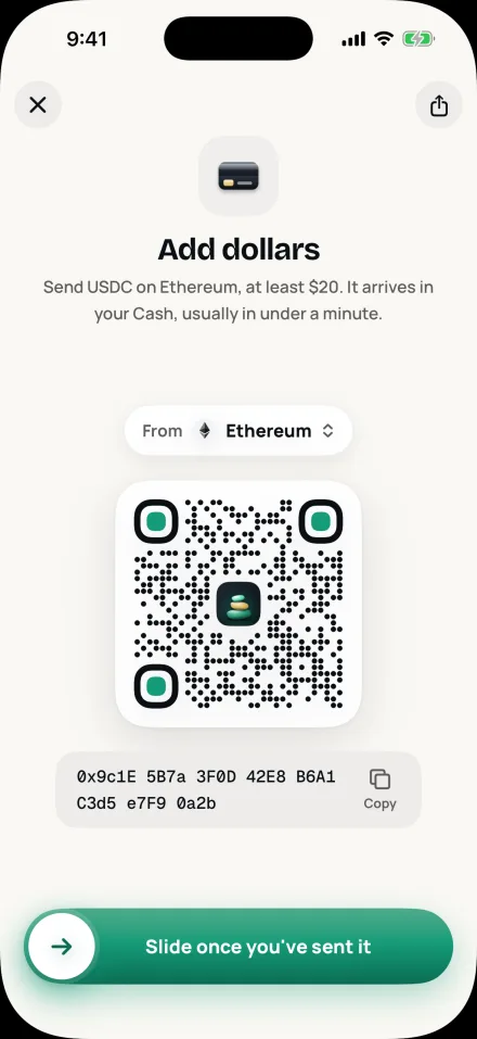 Add dollars: a deposit address and QR for USDC sent from Ethereum.