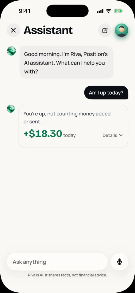 Asking Riva “Am I up today?” and getting +$18.30 back.