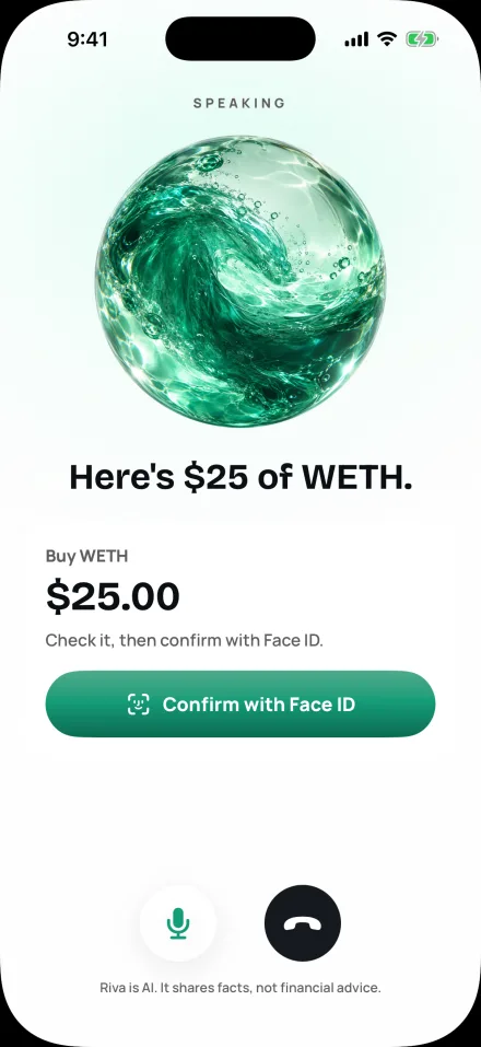 Talking to Riva: “Here’s $25 of WETH”, with Confirm with Face ID.