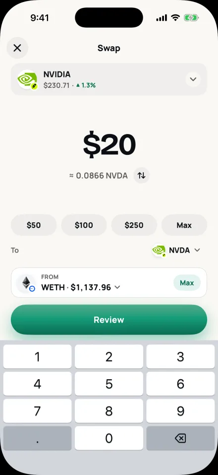 Swap: $20 of WETH to NVIDIA.