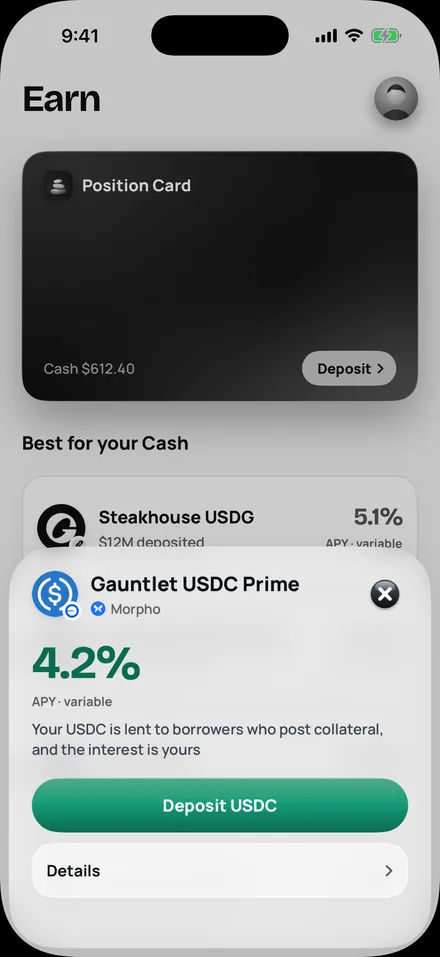 Gauntlet USDC Prime in Earn: 4.2% a year, variable, with a Deposit USDC button.